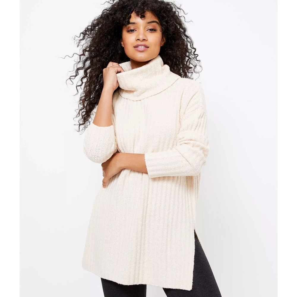 Lou & Grey for LOFT Cream Cowl Neck Ribbed Tunic Sweater Womens M Ivory Wool